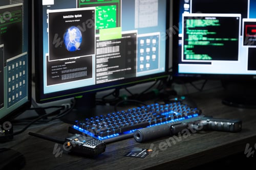 Preview: Monitor screens with digital data, walkie-talkie, credit card and weapons