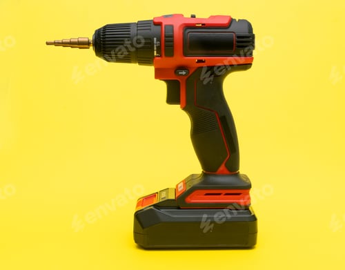 Preview: Red and Black Cordless Drill on Yellow Background