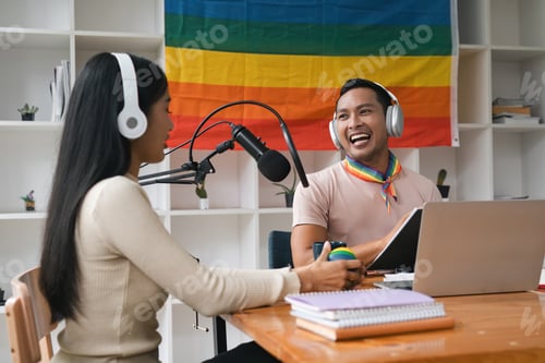 Preview: Podcaster is interviewing a guest about the content topic of LGBTQIA. Podcast concept