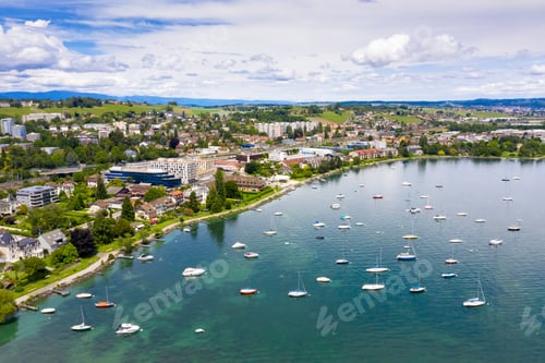 Preview: Aerial view of Morges city waterfront in the border of the Leman