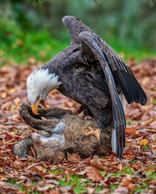 Preview: Bald eagle capturing prey on autumn leaves