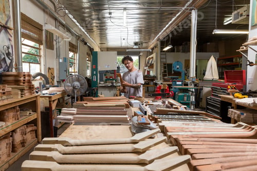 Preview: Craftsperson surrounded by woodwork in a bustling workshop