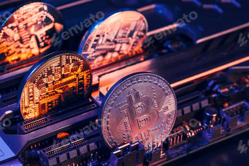 Preview: golden bitcoin and computer chip in background