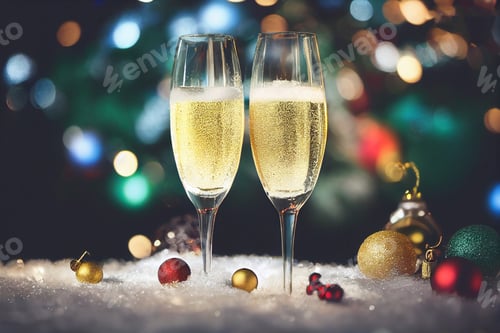 Preview: Christmas composition with champagne glasses , baubles, and snow, bright colours, bokeh lights