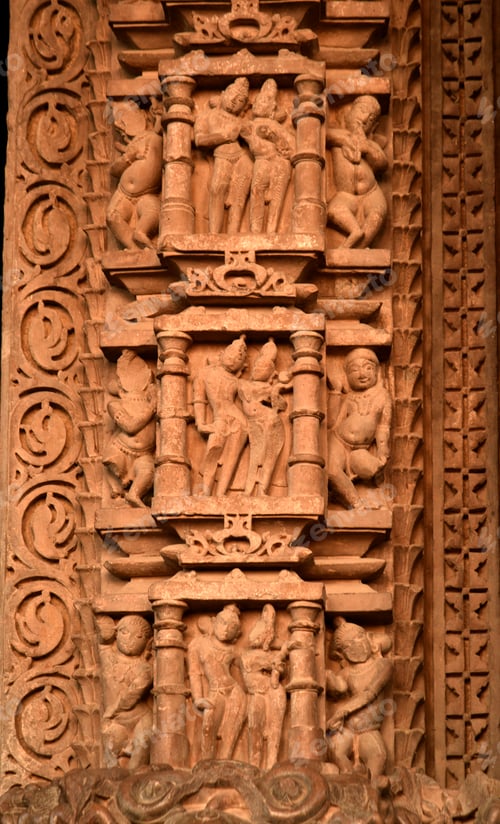 Preview: Stone carving sculptures on Khajuraho Temple, a UNESCO world Heritage site, India.