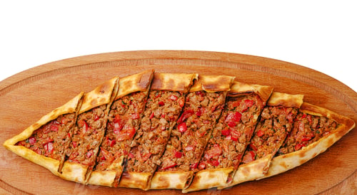 Preview: Delicious Turkish pide with minced meat and vegetables ready to serve