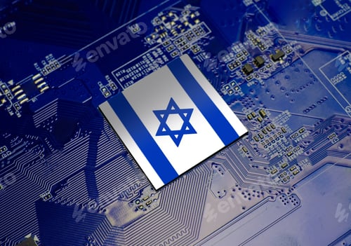 Preview: Flag of Israel on CPU operating chipset computer electronic circuit board