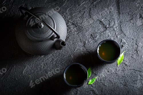 Preview: Aromatic green tea with teapot and cup on black rock