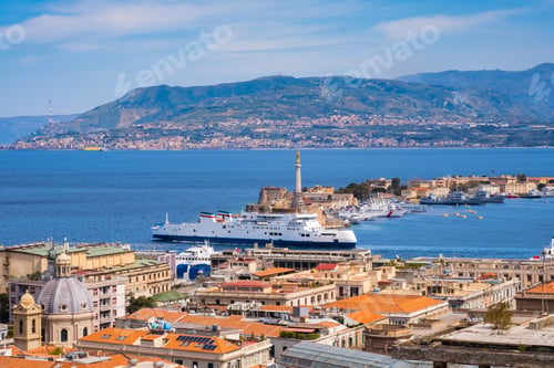 Preview: The Strait of Messina between Sicily and Italy. View from Messina, Calabria coastline in background