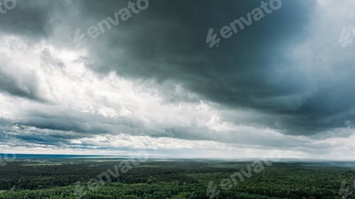 Preview: Scenic Sky With Rain Clouds Over Green Forest Landscape. Spring Summer Rainy Weather