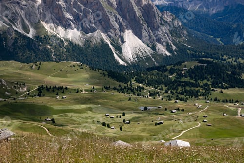 Preview: Mountain huts with the beautiful mountainous landscape of Val Gardena in Dolomites.