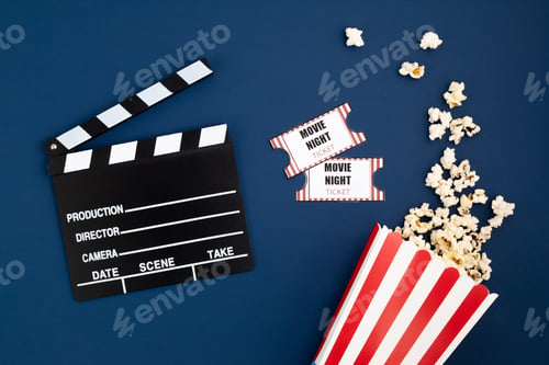Preview: Movie clapperboard and cinema tickets. Home movie night, party invitation