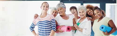 Preview: Portrait, happy and women with yoga in class of fitness, community support and collaboration of bal