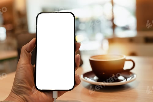 Preview: Cell Phone Blank White Screen Mockup.Woman Hand Holding Smart Mobile Phone