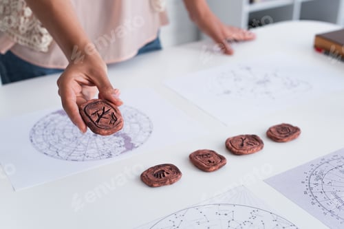 Preview: partial view of astrologer holding clay rune near cosmic maps on table