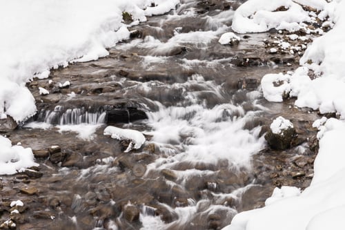 Preview: Small waterfall of cold water flow among the stones covered with snow