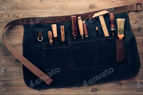 Preview: Kit of tools in jeans belt at wooden table background