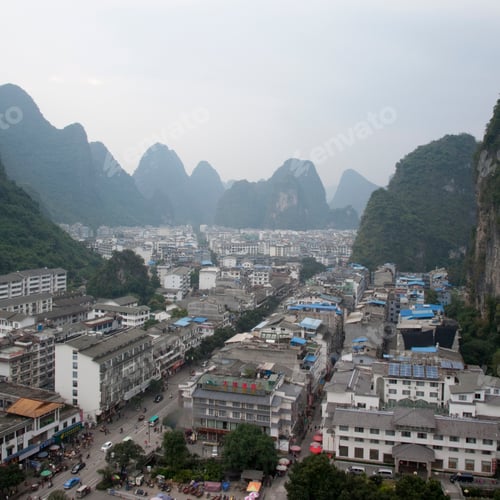 Preview: Yuangshuo Town and karst limestone hills, China, Asia