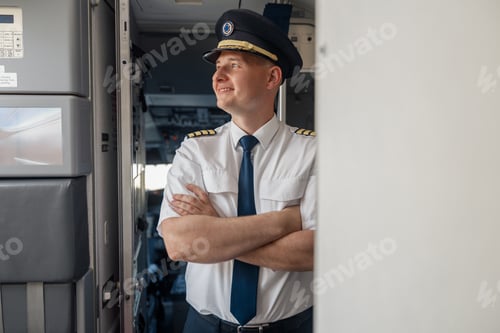 Preview: Dreamy male pilot in uniform and hat keeping arms crossed and smiling away