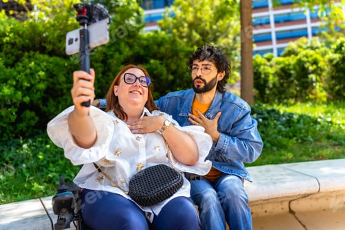 Preview: Content creators filming video blog in urban park using smartphone and gimbal
