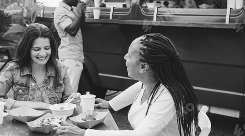 Preview: Happy senior women eating at food truck restaurant outdoor - Spring lifestyle and dinner concept