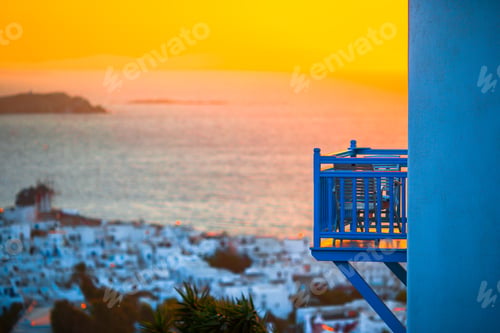Preview: Beautiful colorful sunset of amazing greek town Mykonos