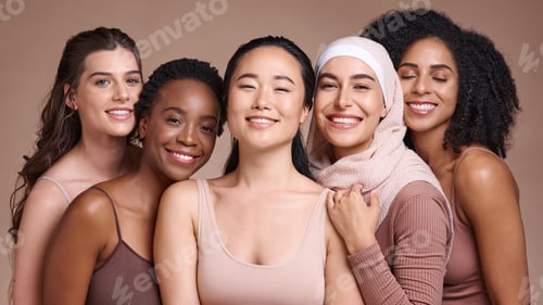 Preview: Support, diversity and women smile for skincare, beauty and empowerment against a studio background