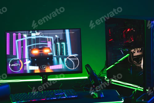 Preview: Composite of computer, keyboard with video game accessories with copy space on neon background