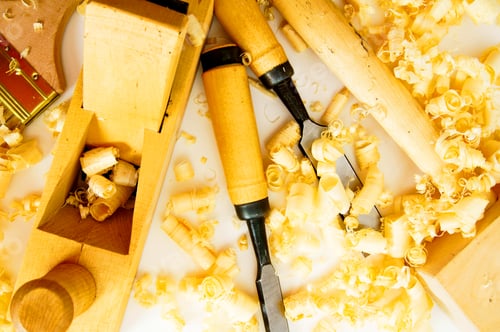 Preview: Joiner's tools ( plane, chisel, hammer) and shaving.