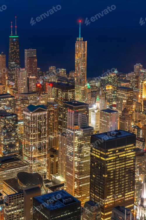 Preview: Aerial view of Chicago cityscape skyscraper under the blue sky at beautiful twilight time