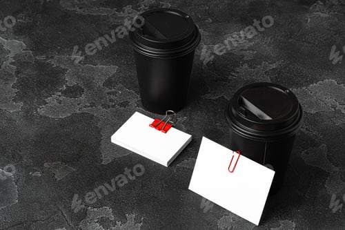 Preview: White businesscards united with a paper clip on a black rough background