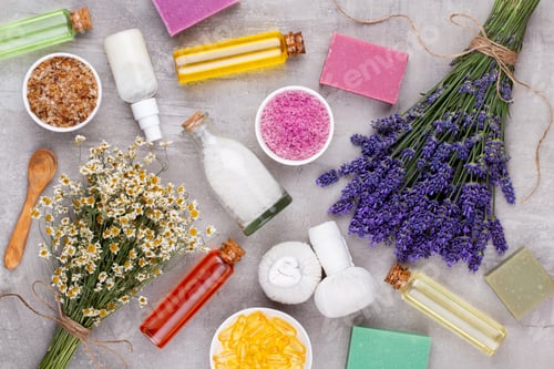 Preview: Grooming products and fresh lavender bouquet on white wooden table background.