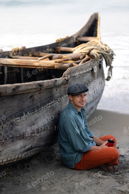 Preview: A young attractive man, against the backdrop of his fishing boat