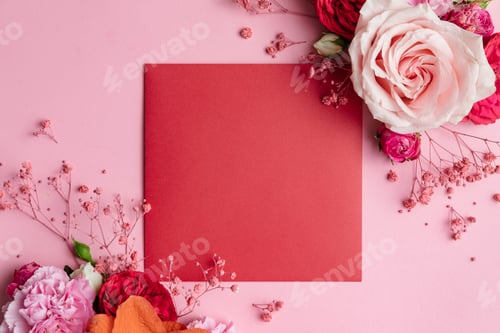Preview: Flowers on red envelope and pink background. Valentines day background.