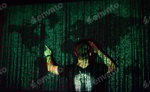 Preview: Double exposure of a caucasian man and Virtual reality headset is presumably a gamer or a hacker