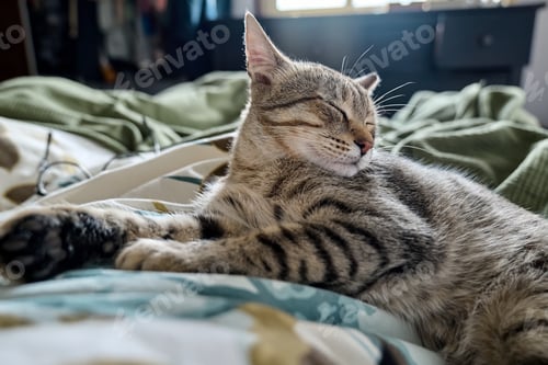 Vorschau: Süße Tabbykatze, die auf dem Bett schläft.