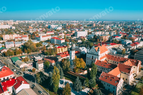 Preview: Pinsk, Brest Region, Belarus. Pinsk Cityscape Skyline In Autumn Morning. Bird's-eye View Of