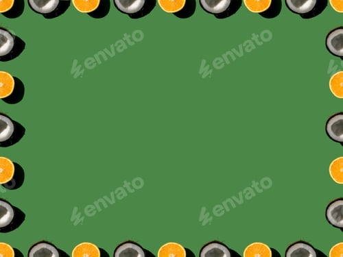 Preview: top view of frame made from ripe oranges and halved coconuts on green