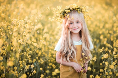 Preview: Pretty cute child girl stand in field with yellow flowers outdoors. Childhood.