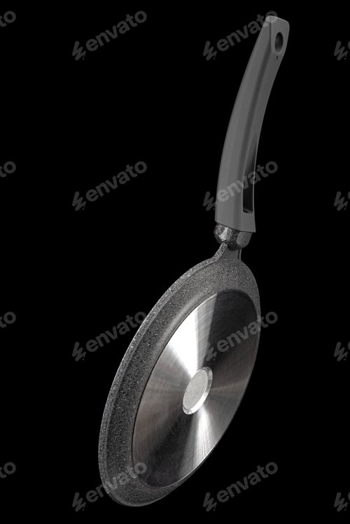 Preview: Grey frying pan with non-stick, rear view, isolated on black background