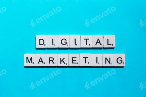 Preview: Digital Marketing in Scrabble Letter Tiles on Blue