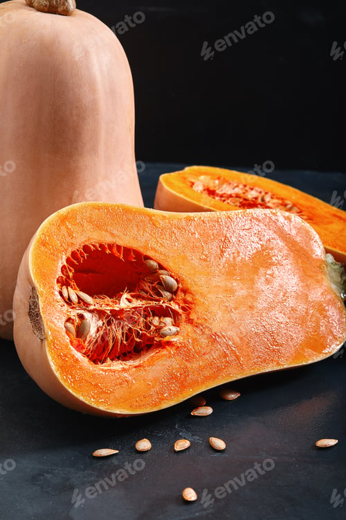 Preview: Muscat pumpkin dark background. Close-up photo for grocery catalog store.