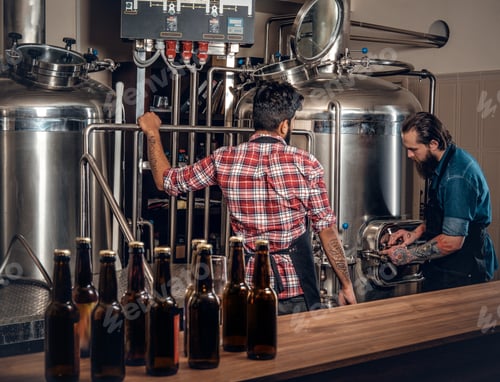 Preview: Two men brewing beer in the craft microbrewery.