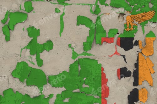 Preview: Zambia flag depicted in paint colors on old obsolete messy concrete wall close up