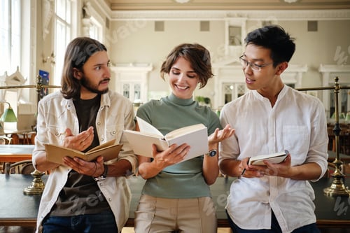 Preview: Young multinational students happily studying with book and making notes together in library