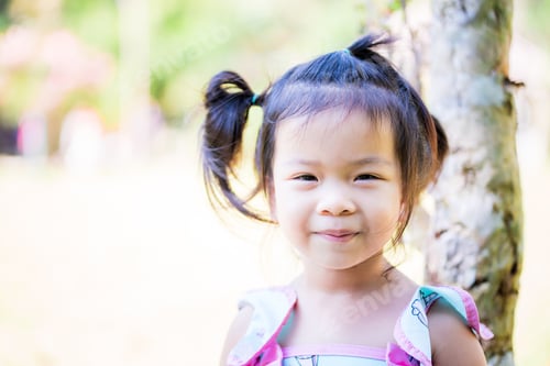 Preview: Adorable Asian little girl with a sweet smile looking at the camera. Happy child in the grass.