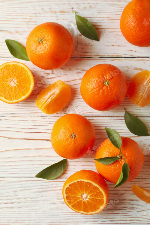 Preview: Ripe sweet mandarins on white wooden background, top view