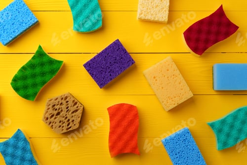 Preview: Cleaning sponges on yellow wooden background flat lay