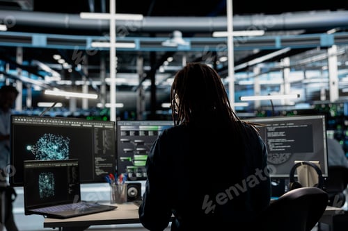 Preview: Data center admin looks at AI visualization dashboard on laptop
