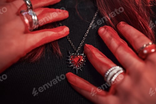Preview: Caucasian Teen Girl Wearing Rings Touching Heart Pendant Necklace Indoors